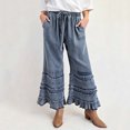 thumbnail image 1 of Mutghys Wide Leg Jeans for Women Ruffle Hem Elastic Waist Drawstring Solid Color Denim Jeans with Pockets Vacation Party Loose Comfy Casual Jeans S-2XL, 1 of 5