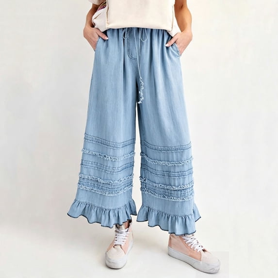 Mutghys Wide Leg Jeans for Women Ruffle Hem Elastic Waist Drawstring Solid Color Denim Jeans with Pockets Vacation Party Loose Comfy Casual Jeans S-2XL