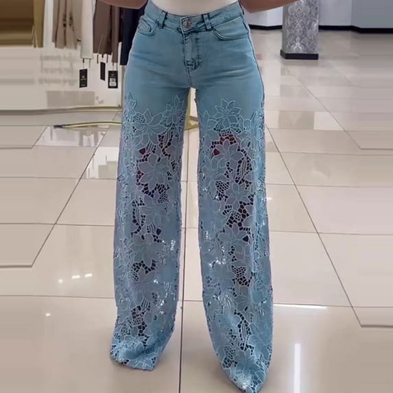 Mutghys Wide Leg Jeans for Women Hollow Lace Splicing Denim Jeans with Pockets Vacation Traveling Daily Loose Comfy Casual Flowy Jeans