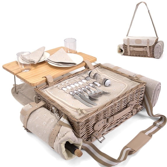 YANMUXIAN Wicker Picnic Basket Set with Blanket, Table, Wine Bag & Tableware for Outdoor Camping & Special Occasions