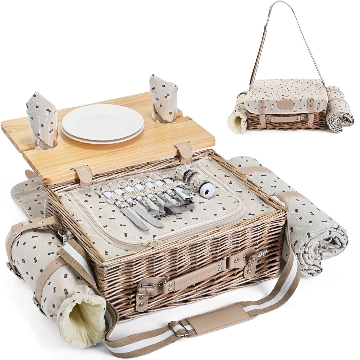Multifunctional Wicker Picnic Basket Set for 2 with Blanket and Picnic Table, Insulated Picnic Set with Full Tablewares for Camping Outdoor Couples Valentine Thanks Giving Birthday, Cherry
