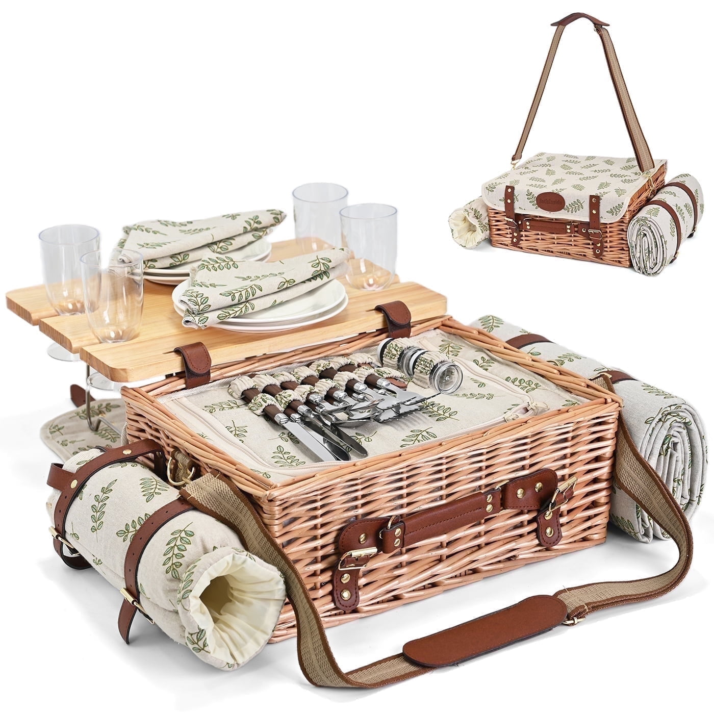Multifunctional Wicker Picnic Basket Set for 4 with Blanket and Picnic ...