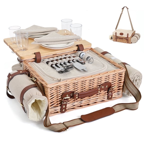 Multifunctional Wicker Picnic Basket Set for 4 with Blanket and Picnic Table, Insulated Picnic Set with Full Tablewares for Camping Outdoor Couples Valentine Thanks Giving Birthday, Natural