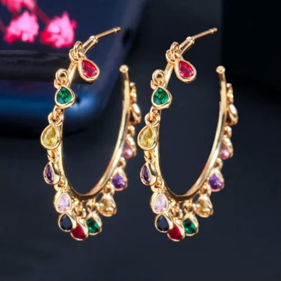 Mutilcolor Rainbow CZ Ladies Water Drop Dangle Tassel Charms Round Hoop Earrings