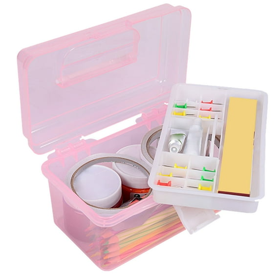 Mutipurpose Storage Box Organizer with Removable Tray,Portable Small Craft Organizer with Handle,Sewing Box,Plastic Clear Tool Box Art Case for Makeup,Sewing,Nail,Hair Accessories,Pink,7"x3.5"x4.1"