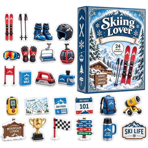 Mutrain 2026 Skiing Advent Calendar, 24 Day Ski Lover Countdown with Flat Winter Sports Gear Ornaments, Christmas Tree Decor for Skiers Gift
