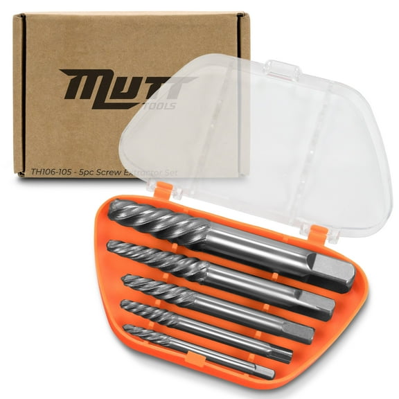 Mutt Tools 5pc Screw Extractor Set - Easy Out Bolt Extractor Kit with Cr-Mo Alloy Steel - Spiral Screw Extractor for Stripped, Broken and Damaged Screws - Professional Bolt Remover Tool
