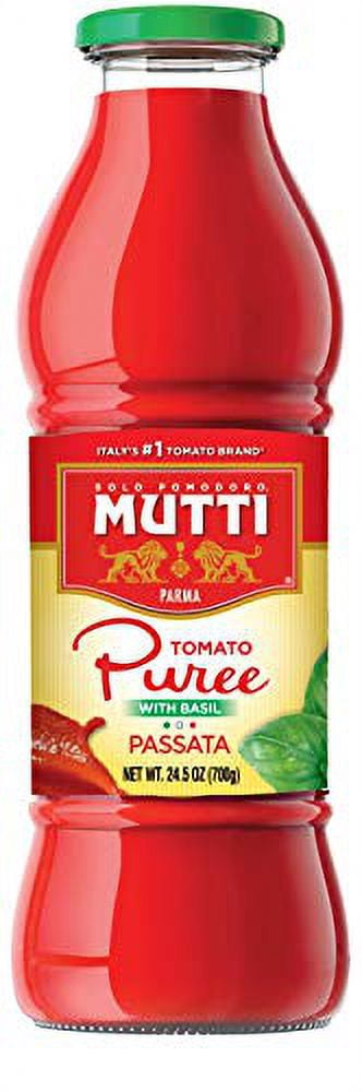 Mutti — 24.5 oz. 6 Pack of Tomato Puree with Fresh Basil (Passata con Basilico) from Italy’s #1 Tomato Brand. Sweet and velvety for recipes calling for Pureed Tomatoes.