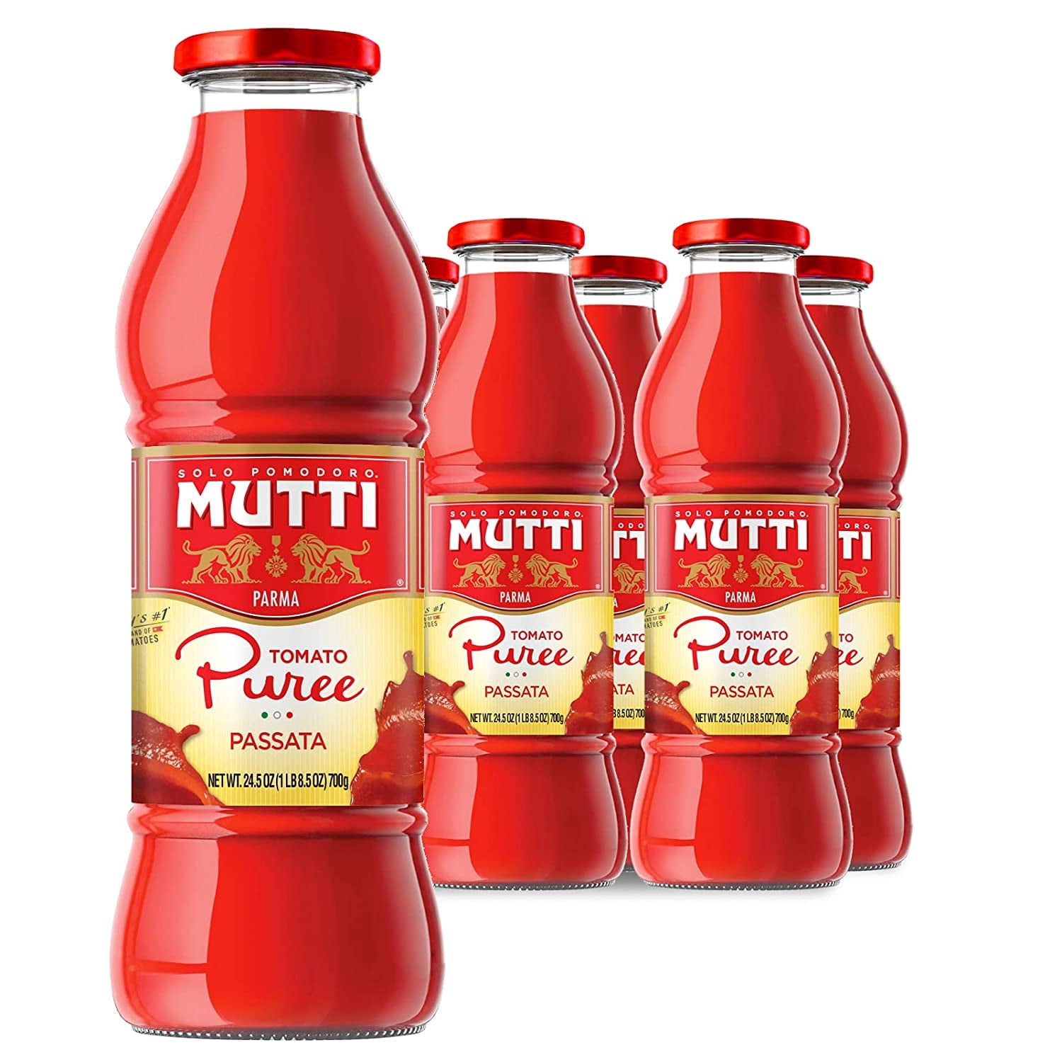 Mutti  24.5 oz. 6 Pack of Tomato Puree (Passata) from Italys #1 Tomato Brand. Sweet and velvety for recipes calling for Pureed Tomatoes.