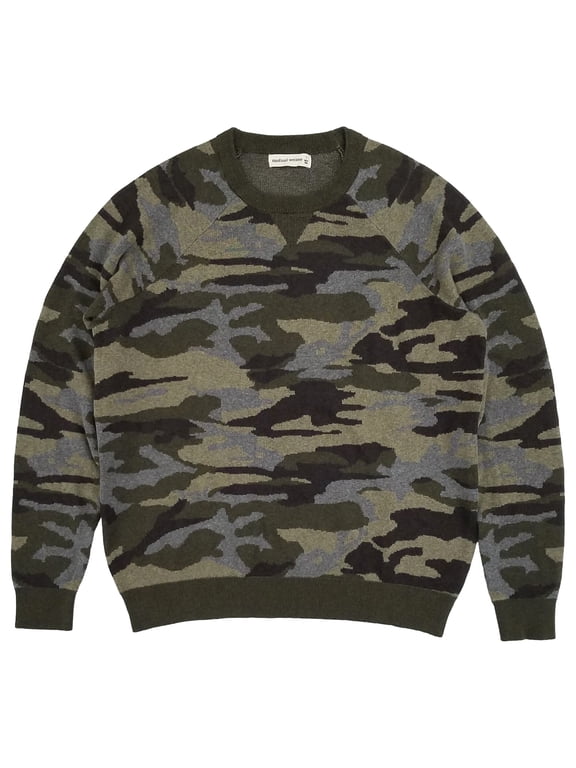 Mens Gray Green Camouflage Long Sleeve Raglan Pullover Sweater M