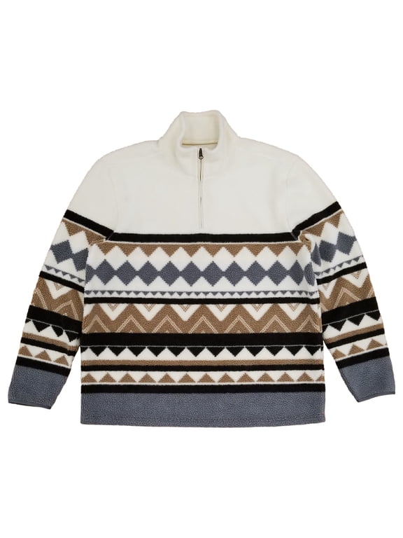 Mens Ivory Multi Print Sherpa Fleece 1/4 Zip Pullover Sweatshirt 2X