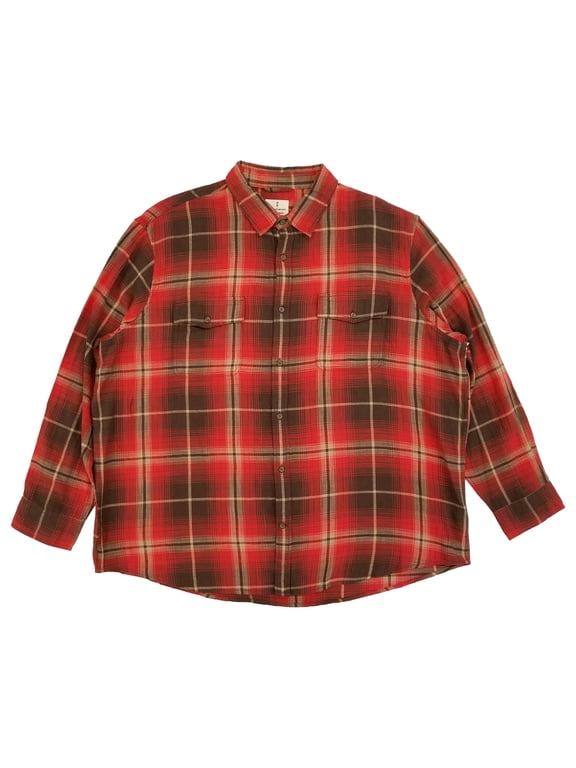 Mens Red Shadow Plaid Long Sleeve Button-Down Flannel Shirt 4XL