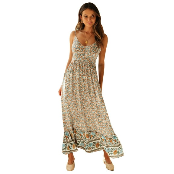 Mutural Women Summer Boho Beach Spaghetti Strap Maxi Sundresses V-Neck High Waist Slip Floral Swing Vacation Dress Large Beige