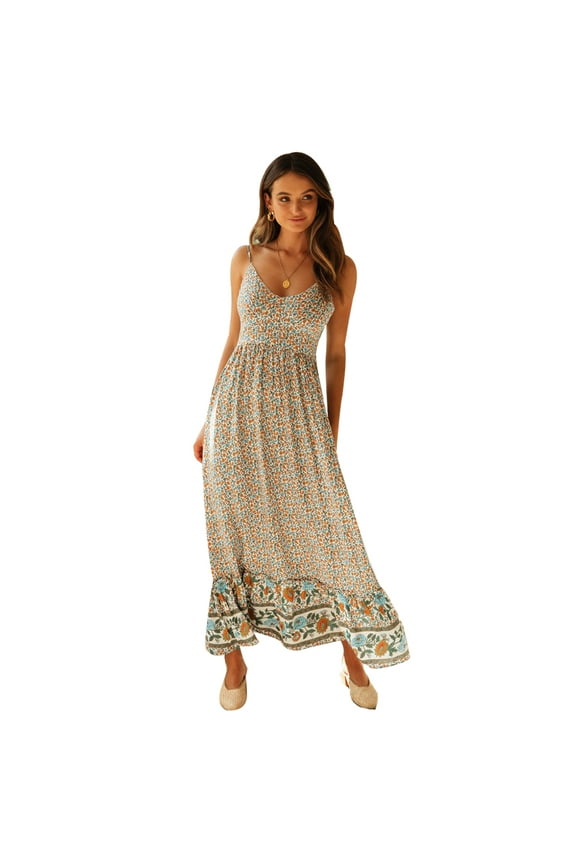 Women Summer Boho Beach Spaghetti Strap Maxi Sundresses V-Neck High Waist Slip Floral Swing Vacation Dress Small Beige