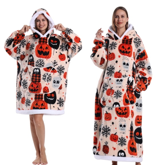 Lehood Wearable Blanket for Women - Flannel Hooded Robe, Halloween & Christmas pattern, Cozy Fleece Gift for Family Nights