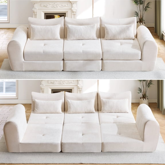 Muumblus 101.6" Modular Sectional Sofa, Convertible Floor Sofa Sleeper Bed, Modern Boneless Cloud Sectional for Living Room, Beige Chenille