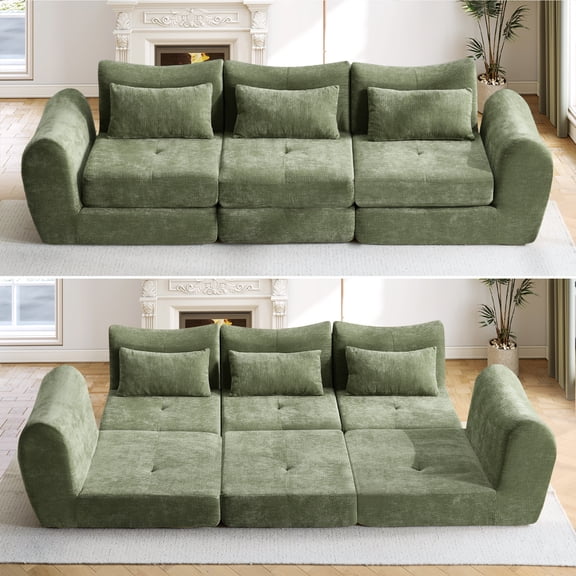 Muumblus 101.6" Modular Sectional Sofa, Convertible Floor Sofa Sleeper Bed, Modern Boneless Cloud Sectional for Living Room, Green Chenille