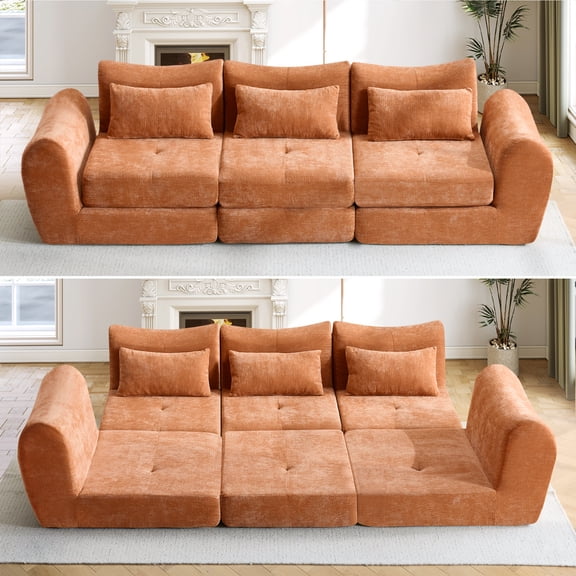 Muumblus 101.6" Modular Sectional Sofa, Convertible Floor Sofa Sleeper Bed, Modern Boneless Cloud Sectional for Living Room, Orange Chenille