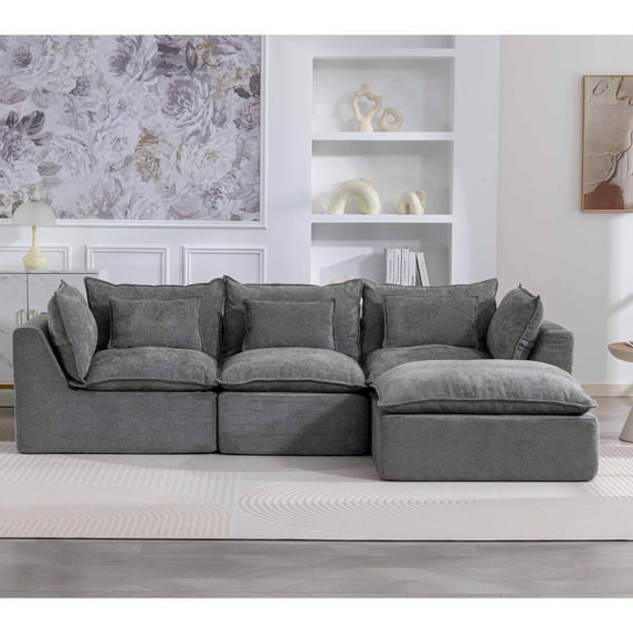 Muumblus 102" Boneless Modular Sectional Sofa with Movable Ottoman, Oversized L-Shaped Cloud Couch for Living Room, Gray Waffle
