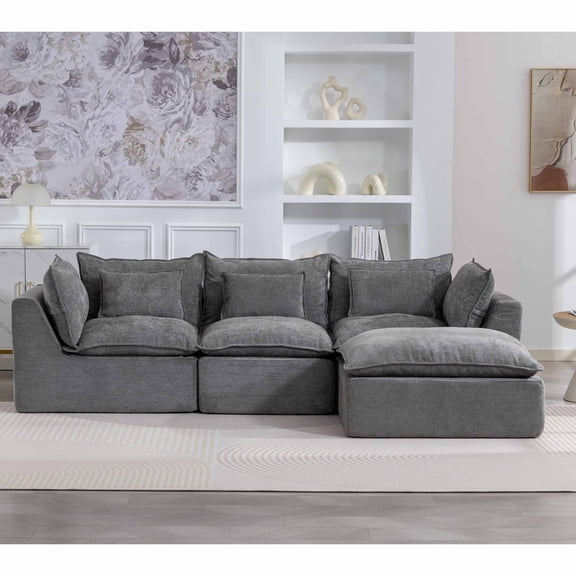 Muumblus 102" Boneless Modular Sectional Sofa with Movable Ottoman, Oversized L-Shaped Cloud Couch for Living Room, Gray Waffle