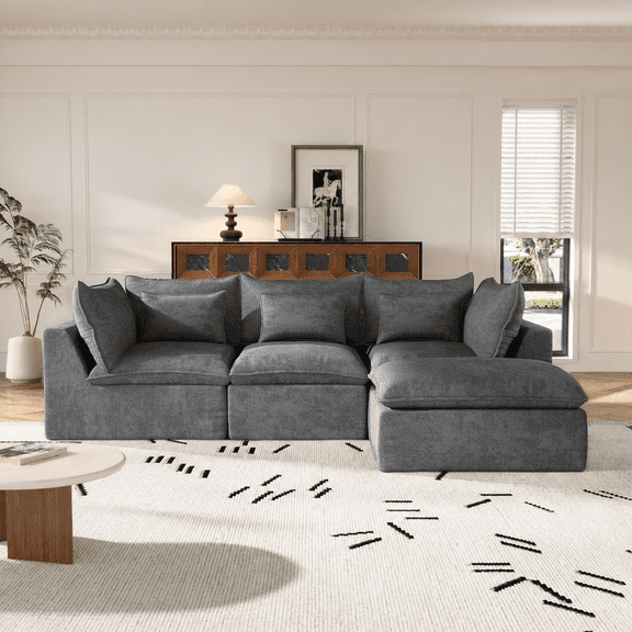 Muumblus 102" Boneless Modular Sectional Sofa with Movable Ottoman, Oversized L-Shaped Cloud Couch for Living Room, Gray Waffle
