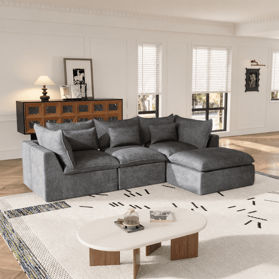 Muumblus 102" Boneless Modular Sectional Sofa with Movable Ottoman, Oversized L-Shaped Cloud Couch for Living Room, Gray Waffle