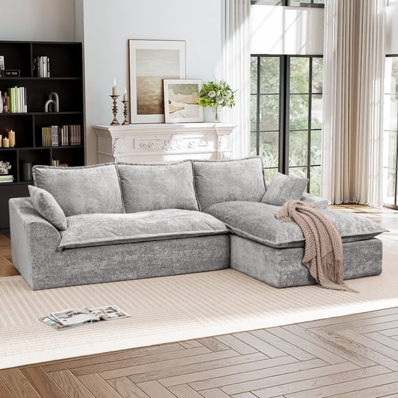 Muumblus 103" Boneless Sectional Sofa with Right Chaise, Comfy L-Shaped Modular Couch for Living Room, No Assembly Required, Gray Chenille