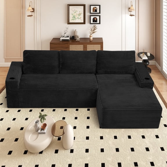 Muumblus 104" Ovsersiezd L-Shaped Modular Sectional Sofa with Cup Holders, Boneless Corduroy Cloud Couch for Living Room, BlackοΌRight Facing ChaiseοΌ