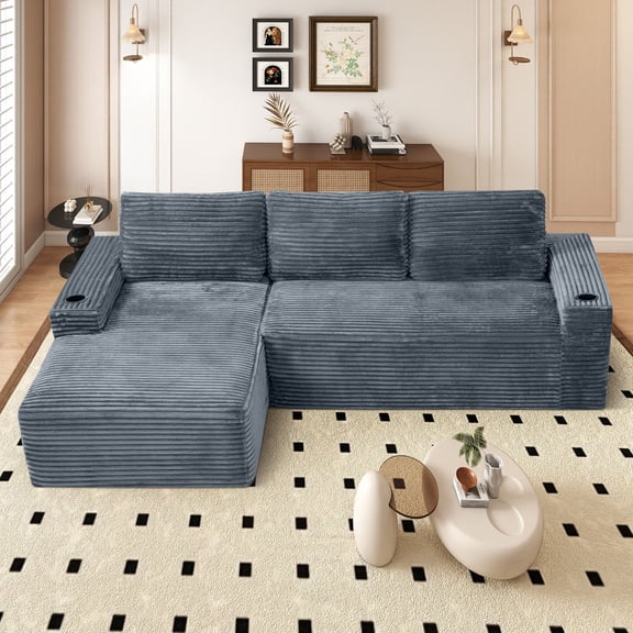 Muumblus 104" Ovsersiezd L-Shaped Modular Sectional Sofa with Cup Holders, Boneless Corduroy Cloud Couch for Living Room, Gray(Left Facing Chaise)