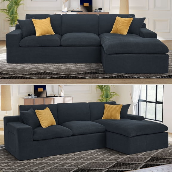 Muumblus 106" Oversized Modular Sectional Sofa with Movable Chaise, L-Shaped Boneless Cloud Couch for Living Room, Black (Right Facing Chaise)