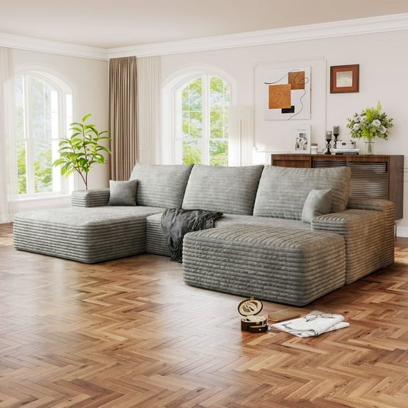 Muumblus 107" Cloud Sectional Sofa with Left Chaise, Cozy U-Shaped Modular Sofa with Ottoman, Plush Corduroy Sleeper Bed Couch, No Assembly Required, Gray - Walmart.com