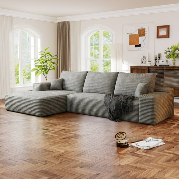 Muumblus 107" Cloud Sectional Sofa with Left Chaise, Cozy L-Shaped Modular Sofa, Plush Corduroy Sleeper Bed Couch, No Assembly Required, Gray