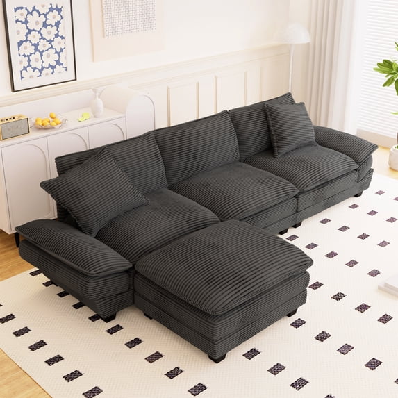 Muumblus 108" Modular Sectional Sofa with Ottoman, L-Shaped Couch with Chaise, Corduroy Sleeper Couch for Living Room, Gray