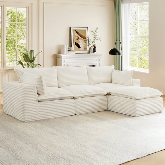 Muumblus 109" Modular Sectional Sofa with Movable Ottoman, Oversized Boneless Deep Seat L-Shaped Cloud Couch, No Assembly Corduroy Living Room Sofaa, White