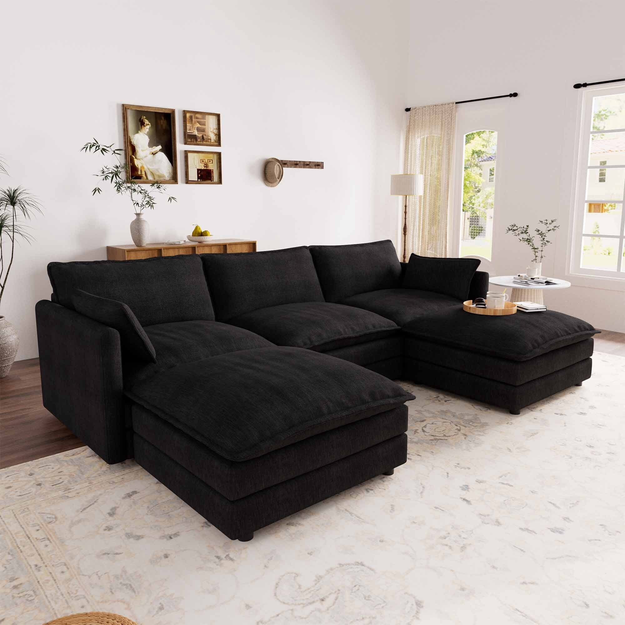 Muumblus 110" Oversized Modular Sectional Sofa with 2 Movable Ottoman, U Shaped Deep Seat Cloud Couch for Living Room, Black Chenille