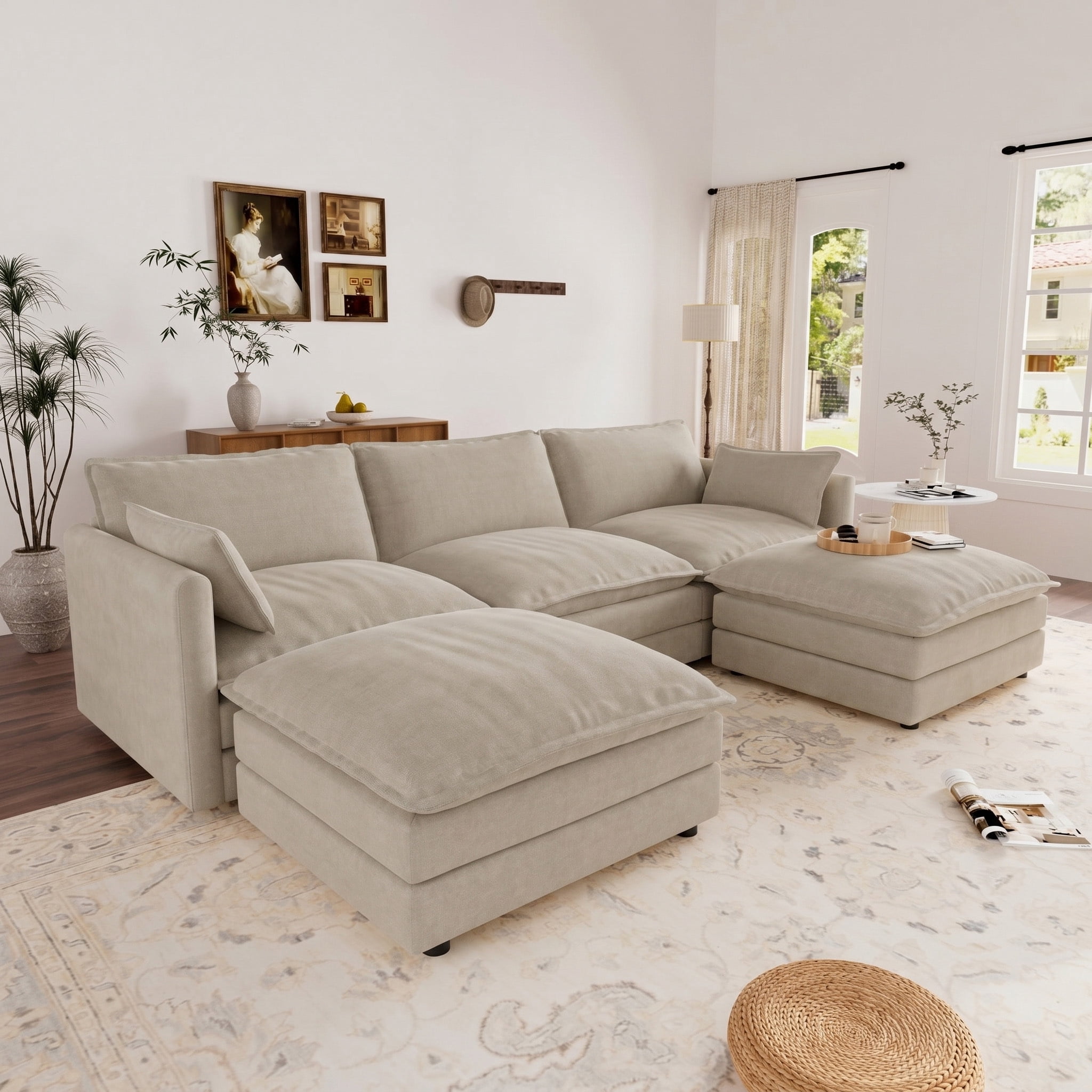 Muumblus 110" Oversized Modular Sectional Sofa with 2 Movable Ottoman, U Shaped Deep Seat Cloud Couch for Living Room, Camel Chenille
