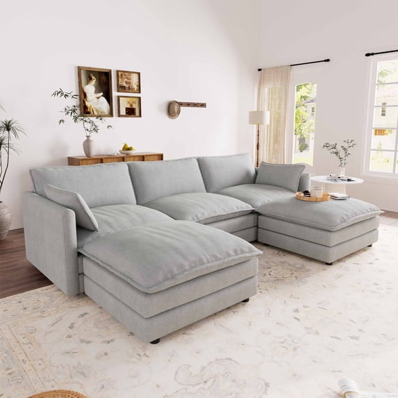 Muumblus 110" Oversized Modular Sectional Sofa with 2 Movable Ottoman, U Shaped Deep Seat Cloud Couch for Living Room, Gray Chenille
