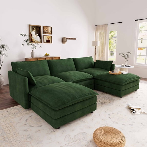 Muumblus 110" Oversized Modular Sectional Sofa with 2 Movable Ottoman, U Shaped Deep Seat Cloud Couch for Living Room, Green Chenille