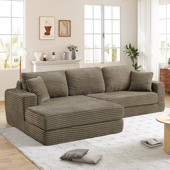 Muumblus 112" Oversized Modular Sectional Sleeper Sofa, L-Shaped Convertible Sofa Bed, Boneless Cloud Couch for Living Room, Brown (Left Facing Chaise)