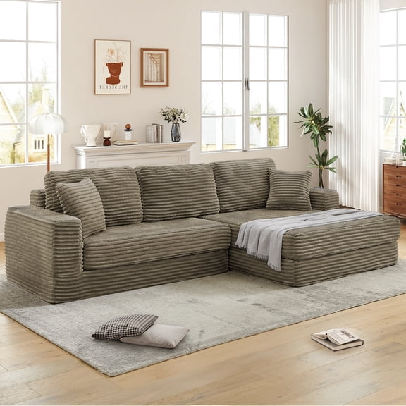 Muumblus 112" Oversized Modular Sectional Sleeper Sofa, L-Shaped Convertible Sofa Bed, Boneless Cloud Couch for Living Room, Brown (Right Facing Chaise)