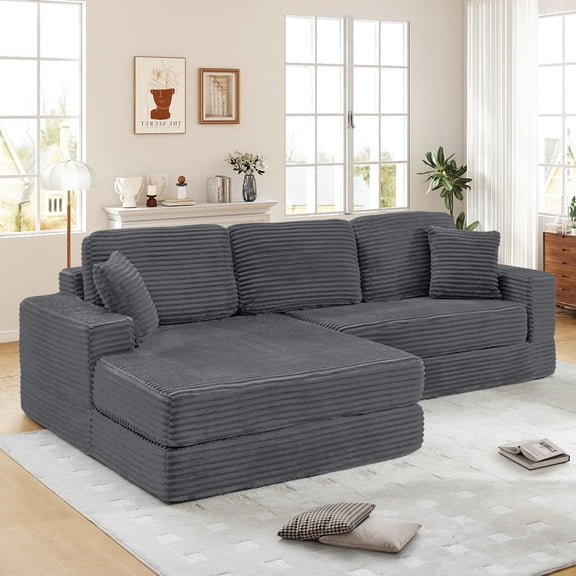 Muumblus 112" Oversized Modular Sectional Sleeper Sofa, L-Shaped Convertible Sofa Bed, Boneless Cloud Couch for Living Room, Gray (Left Facing Chaise)