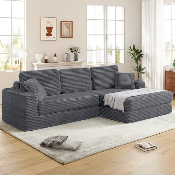 Muumblus 112" Oversized Modular Sectional Sleeper Sofa, L-Shaped Convertible Sofa Bed, Boneless Cloud Couch for Living Room, Gray (Right Facing Chaise)
