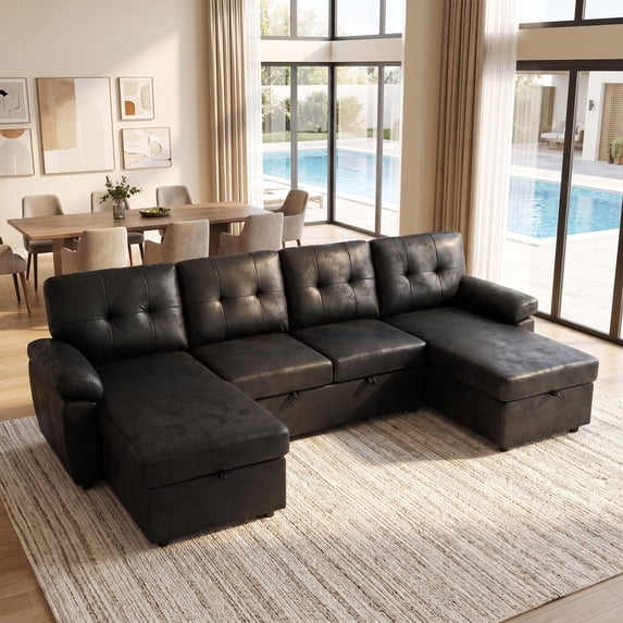 Muumblus 112" U-Shaped Sectional Sofa Bed with Dual Storage Chaises, Convertible Sleeper Sofa for Living Room, Black Faux Leather