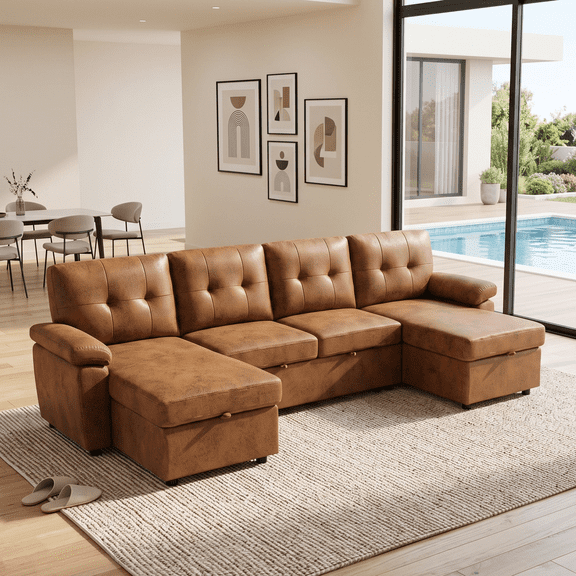 Muumblus 112" U-Shaped Sectional Sofa Bed with Dual Storage Chaises, Convertible Sleeper Sofa for Living Room, Brown Faux Leather
