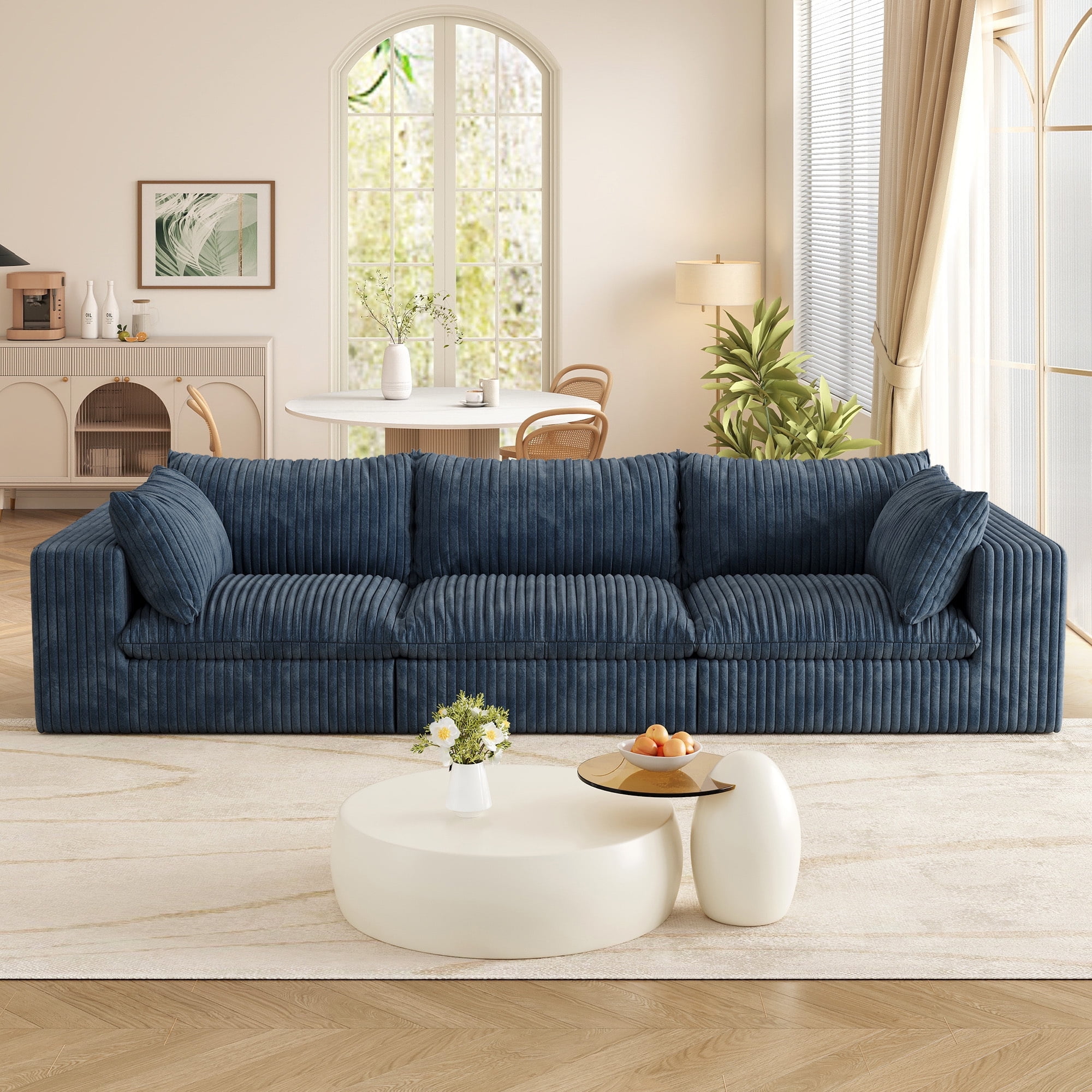 Muumblus 118" Oversized 3-Seater Boneless Sofa, No Assembly Deep Seat Corduroy Cloud Couch, Sleeper Sofa for Living Room, Blue