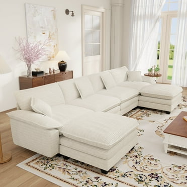 Muumblus Modular Sectional Sofa with 2 Ottoman, Oversize U-Shape Couch for Living Room, Modern Corduroy Sleeper Couches and Sofas Sectional, White