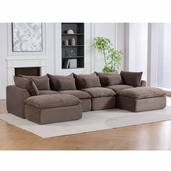 Muumblus 130" Boneless Modular Sectional Sofa with 2 Movable Ottoman, Oversized U-Shaped Cloud Couch for Living Room, Khaki Corduroy