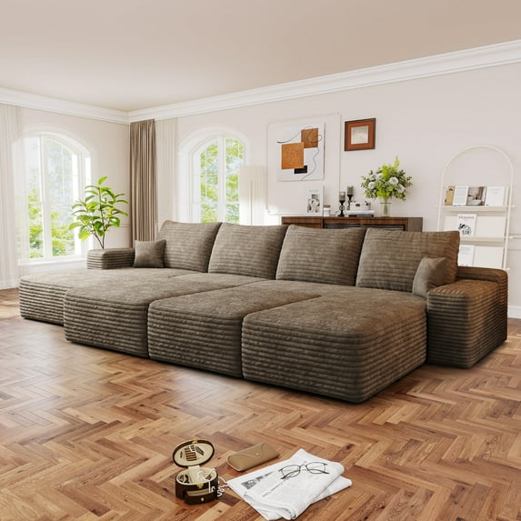Muumblus 135" Cloud Sectional Sofa with Left Chaise, Oversized Cozy Modular Sofa with 3 Ottomans, Plush Corduroy Sleeper Bed Couch, No Assembly Required, Camel