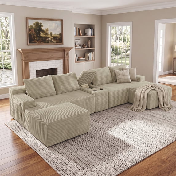 Muumblus 140" Oversized Modular Sectional Sofa with Storage Console & 2 Ottomans, U-Shaped Boneless Cloud Couch for Living Room, Camel Corduroy