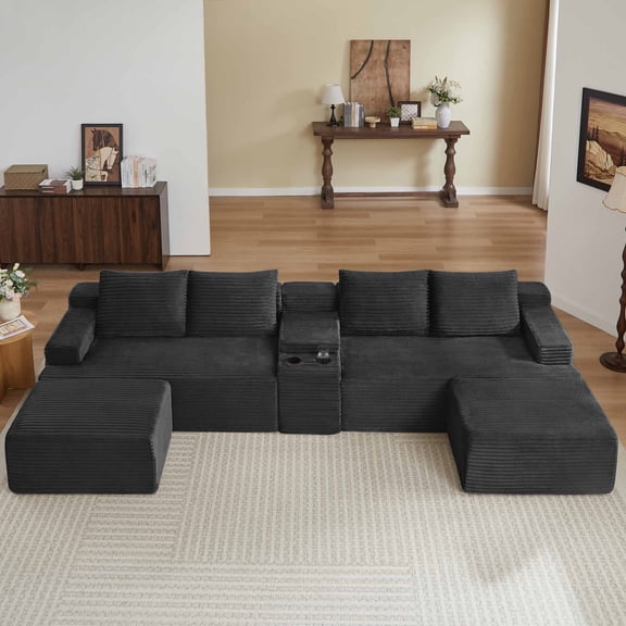Muumblus 140" Oversized Modular Sectional Sofa with Storage Console & 2 Ottomans, U-Shaped Boneless Cloud Couch for Living Room, Gray Corduroy